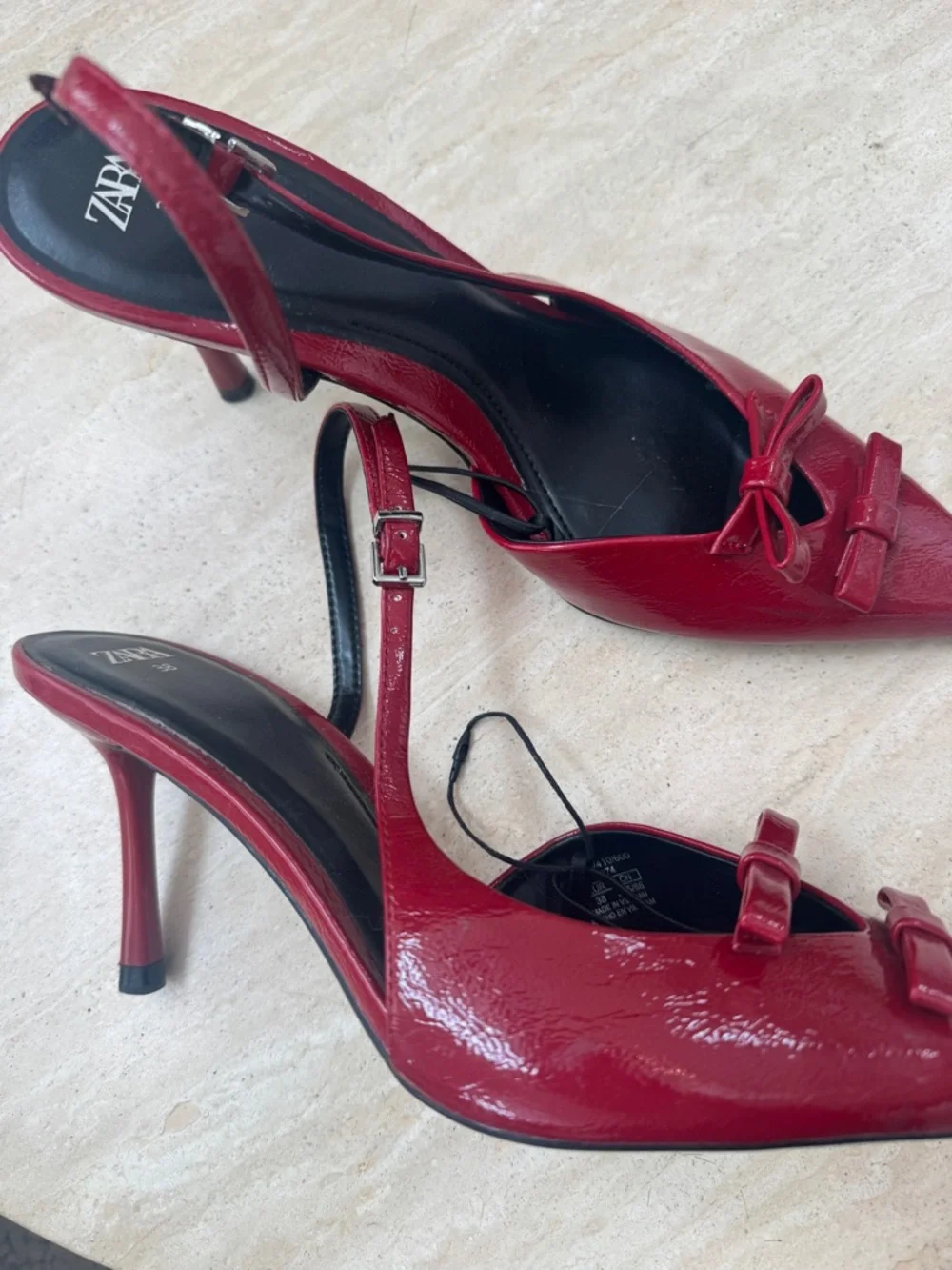 Zara Red Patent Pointed Slingback Heels with Bows - Picture 4 of 5